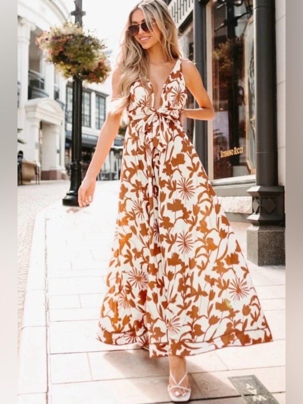 Floral Tie-Front Cotton Maxi Dress in Brown & White